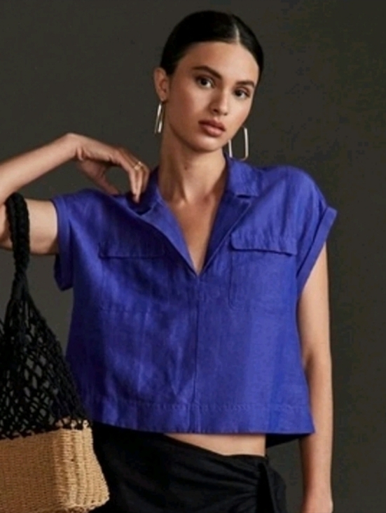 Anthropologie Tops - ANTHROPOLOGIE Linen Blend Crop Utility Pocket Collared Boho Top Size M